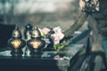 Woman lays the flowers on grave