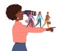 Woman Leader with Binoculars and Outstretched Arm Showing Way Leading Team to Future Directing and Navigating Vector