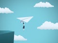 Woman leader in business vector concept. Businesswoman flying on paper plane off a cliff as symbol of woman power Royalty Free Stock Photo