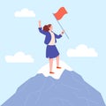 Woman leader flag. Confident female leader achievement professional peak top mountain, success entrepreneurship business