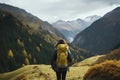Woman Leading Hike into Mountains with Green Backpack AI Generated