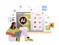 woman learning foreign language in computer app with ai helper bot education concept