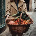 Woman leaves the market with a basket or a large package full of fruits and vegetables. Generative AI