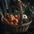 Woman leaves the market with a basket or a large package full of fruits and vegetables. Generative AI