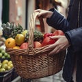 Woman leaves the market with a basket or a large package full of fruits and vegetables. Generative AI