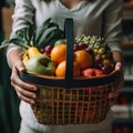 Woman leaves the market with a basket or a large package full of fruits and vegetables. Generative AI