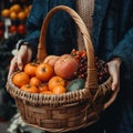 Woman leaves the market with a basket or a large package full of fruits and vegetables. Generative AI