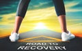 Woman leg for Road to recovery concept for business and health concept with golden nature sky background Royalty Free Stock Photo