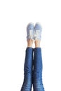 Woman legs in a blue jeans on white background isolated Royalty Free Stock Photo