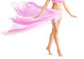 Woman Legs Body Beauty, Barefoot Model Tip Toe in Pink Waving Fabric Royalty Free Stock Photo