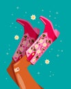 Woman legs with cowboy boots decorated with flowers. Cowgirl with cowboy boots. American western theme. Colorful vibrant vector