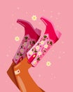 Woman legs with cowboy boots decorated with flowers. Cowgirl with cowboy boots. American western theme. Colorful vibrant vector