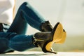 Woman legs in denim pants heels shoes outdoor Royalty Free Stock Photo