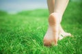 Woman legs on green grass Royalty Free Stock Photo