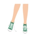 Woman legs in green sneakers with untied shoelaces. Vector illustration isolated on white background