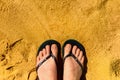 Woman legs in slippers on yellow sand background. Blue flip flops on beach. Copy space, top view. Holiday and travel