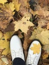Woman legs in white autumnal shoes. Standing on a carpet of yellow autumn leaves. Filmed from above