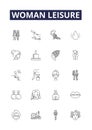 Woman leisure line vector icons and signs. Leisure, Relaxation, Shopping, Pampering, Yoga, Reading, Cooking, Travelling