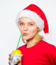 Woman lemon millionaire. Symbol of wealth and prosperity. Source of richness. Richness symbol concept. Girl santa hat