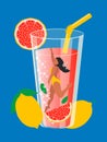 Modern design of lemonade and a girl floating in a pool with a vertical blue background. Summer Royalty Free Stock Photo