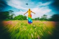 woman levitating outside in a field, alone, surreal, manipulation
