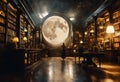 a woman in library with a full moon over the bookshelf in a fantasy setting