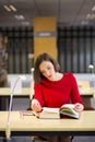 Woman in library read book for reason