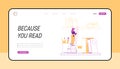 Woman in Library Reading and Searching Books Landing Page Template. Tiny Female Character in Literature Storage