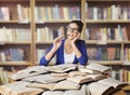 Woman in Library, Student Study Opened Books, Studying Girl Royalty Free Stock Photo