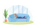 The woman is licking on the couch. Distance learning, freelance, online. Home office concept. Vector