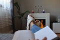 Cozy Moments: Fireside Reading in Bed Royalty Free Stock Photo