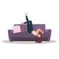 Woman lies on the couch and looking on smartphone. Color vector illustration.