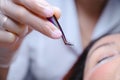 Woman lies on eyelash extension procedure in a beauty salon. Lashmaker holds tweezers with a bunch of artificial