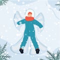 A woman lies on the snow in winter clothes. Snowing. Mountains in the background. Winter activities.Vector illustration in flat