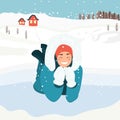 A woman lies on the snow in winter clothes. Snowing. Mountains in the background. Winter activities.Vector illustration in flat