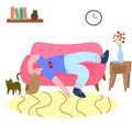 Woman lies on the sofa in the room.The concept of procrastination and apathy.Depressed woman.Flat illustration vector