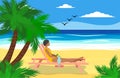 A woman lies on a sun lounger on a sandy beach near the ocean, drinks a cocktail and relaxes. Vacation at sea concept. Royalty Free Stock Photo