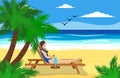 A woman lies on a sun lounger on a sandy beach near the ocean, drinks a cocktail and relaxes. Vacation at sea concept. Royalty Free Stock Photo