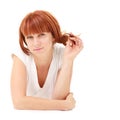 Woman lies on a white background with copyspace Royalty Free Stock Photo