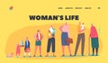 Woman Life Landing Page Template. Female Character Life Cycle, Different Ages Newborn Baby, Child, Teenager