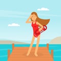 Woman Lifeguard or Rescuer Supervising Safety and Rescuing Swimmers and Surfers Vector Illustration