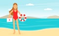 Woman Lifeguard or Rescuer Supervising Safety and Rescuing Swimmers and Surfers Vector Illustration