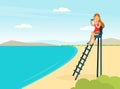 Woman Lifeguard or Rescuer Supervising Safety and Rescuing Swimmers and Surfers Vector Illustration Royalty Free Stock Photo