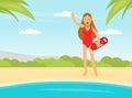 Woman Lifeguard or Rescuer Supervising Safety and Rescuing Swimmers and Surfers Vector Illustration