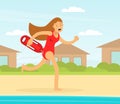 Woman Lifeguard or Rescuer Supervising Safety and Rescuing Swimmers and Surfers Vector Illustration