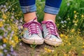 woman lifestyle spring female white flowers grass outdoors green sneakers fashion. Generative AI.