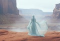 Woman in light blue veil looking at Grand Canyon of Colorado.