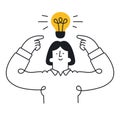 Woman with a light bulb over his head. New idea, brainstorming, solution, problem solved, startup, innovation, creativity. Outline