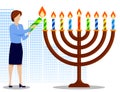 Woman lights candles on candlestick with Menorah candle. Jewish holiday of Hanukkah. Holiday elements. Cartoon vector