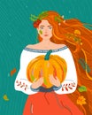 Woman like autumn season. Beauty fall flat female character with red orange hair for harvest, agriculture, farmer print